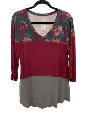 Maurices Tunic Top Size Medium Floral Colorblock 3/4 Sleeve Gray Burgundy NEW